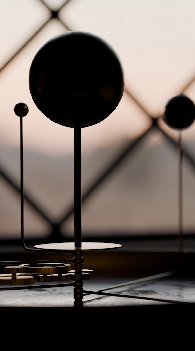 Orrery 3D render detail used as a visual metaphor for structural alignment and company direction
