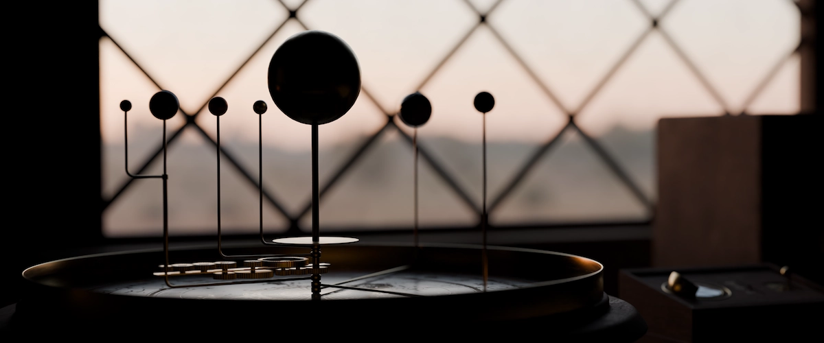 Wide orrery render detail used as a visual metaphor for structural alignment and company direction